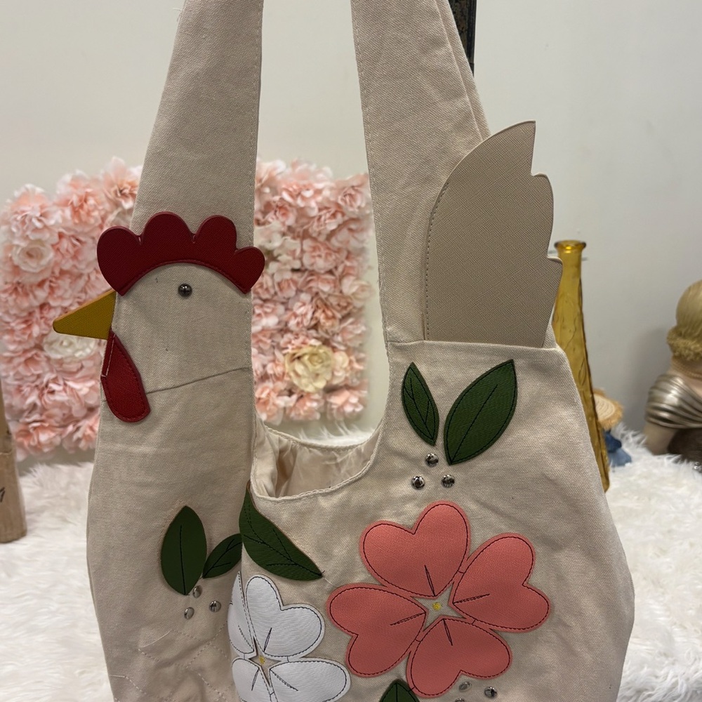 Floral Chicken Design Tote Bag - Cream and Red